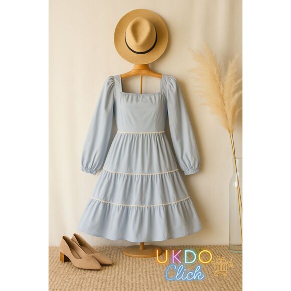 Light Blue Long Sleeve Dress 12T Tiered Ruffle Detail Square Neck Elegant Style - Picture 1 of 14
